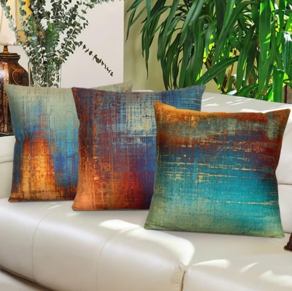 Set of 4 Abstract Blue Orange Soft Velvet Pillow Covers 18" Square Zip New #2 - Picture 7 of 9
